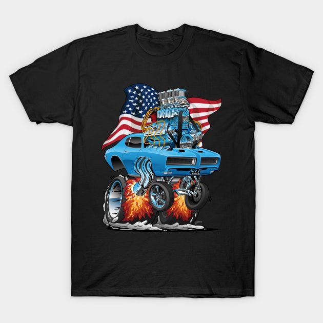 Patriotic Sixties American Muscle Car with USA Flag Cartoon T-Shirt by hobrath